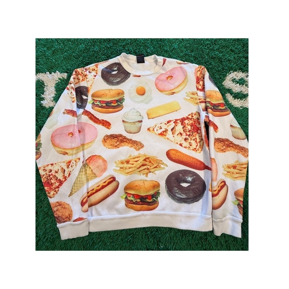 Rook Junk Food Print Sweatshirt Mens Large White Excellent All Over Graphic Crew